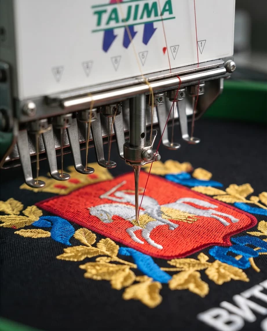 Вышивальная машина прошивает гербовый шеврон